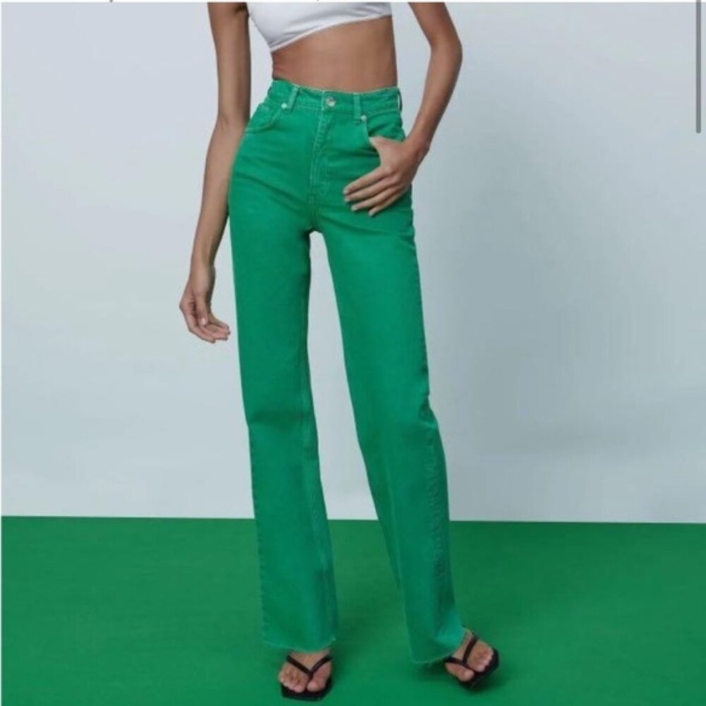 Zara Wide Leg High Rise Jeans Size 8 Green